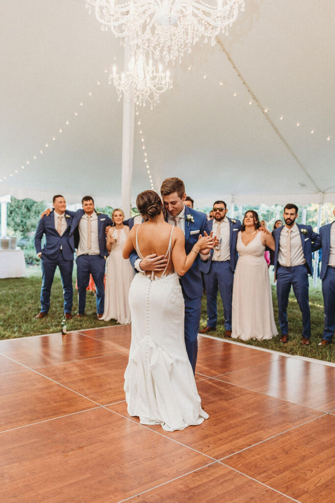 Christine and Michael first dance under the twinkly lights in the tent