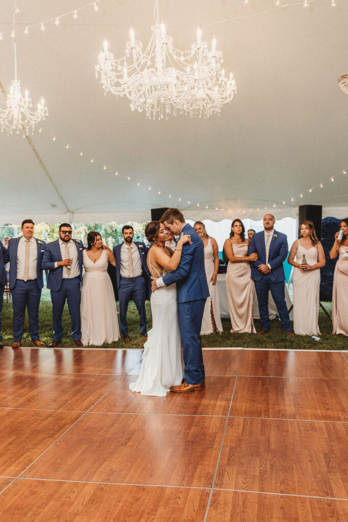 Christine and Michael first dance under the twinkly lights in the tent