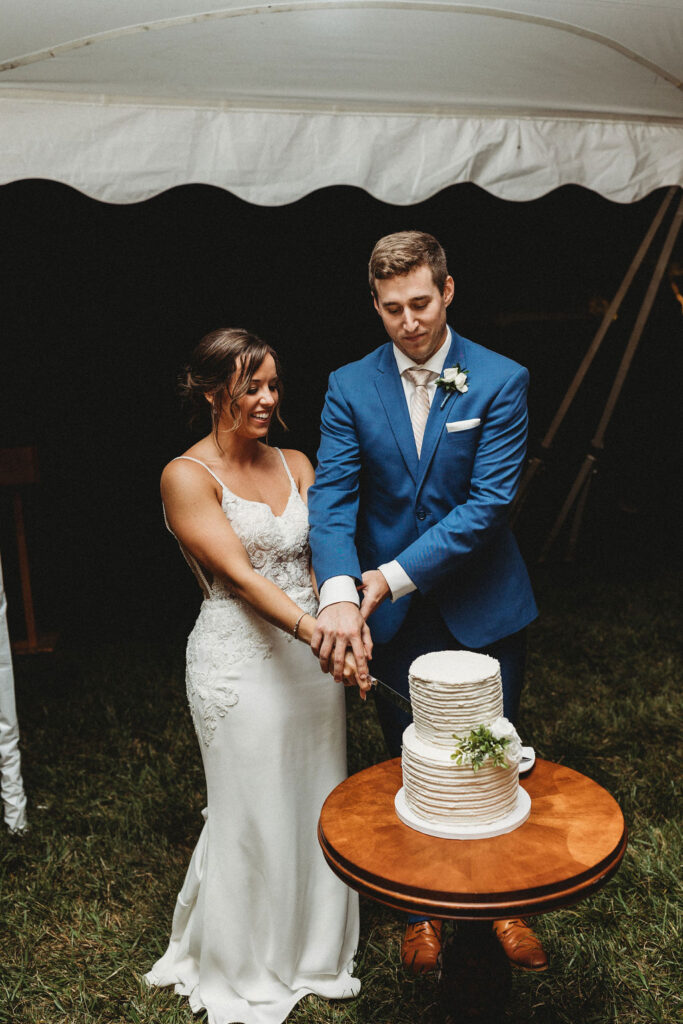 Bride and groom cutting cake