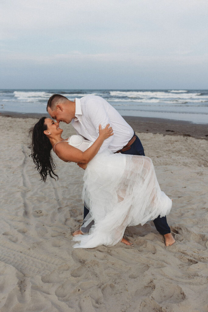 romantic bride and groom photo during their California elopement at the beach