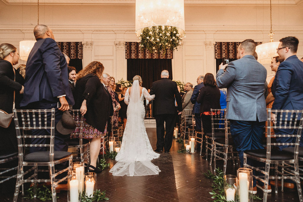 dad walking bride down the aisle during a downtown club philadelphia wedding ceremony