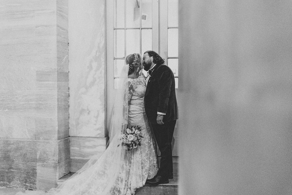 bride and groom black and white portrait