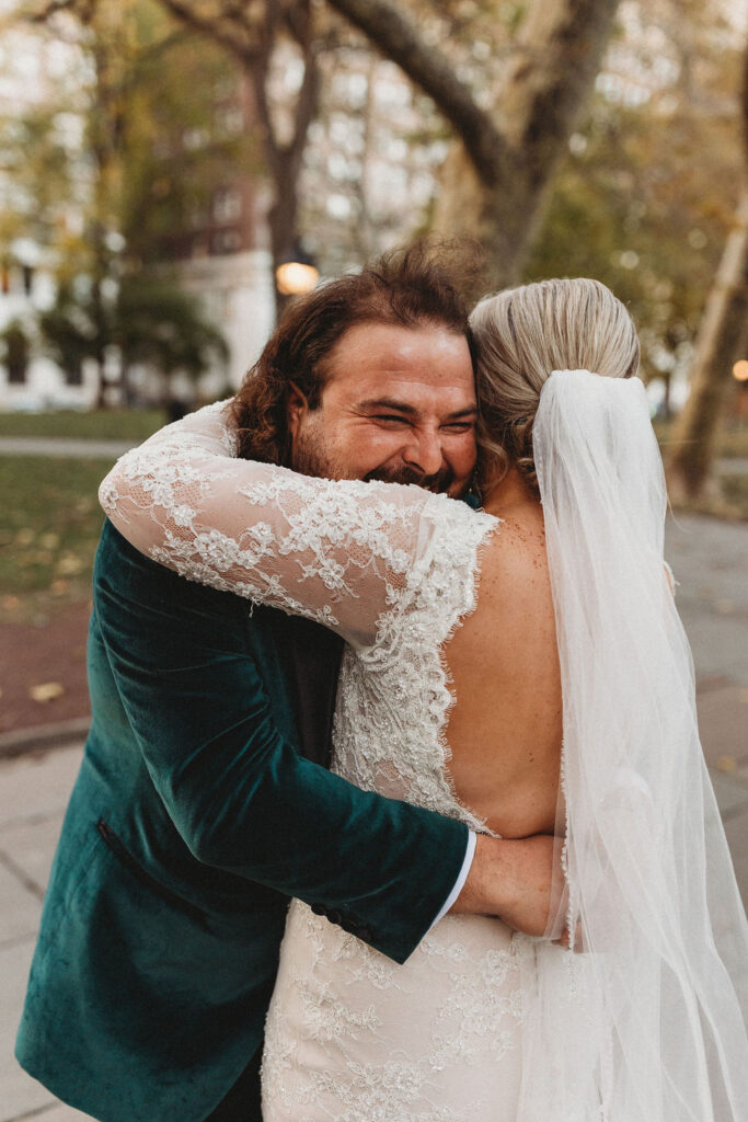 bride and groom first look in downtown Philadelphia