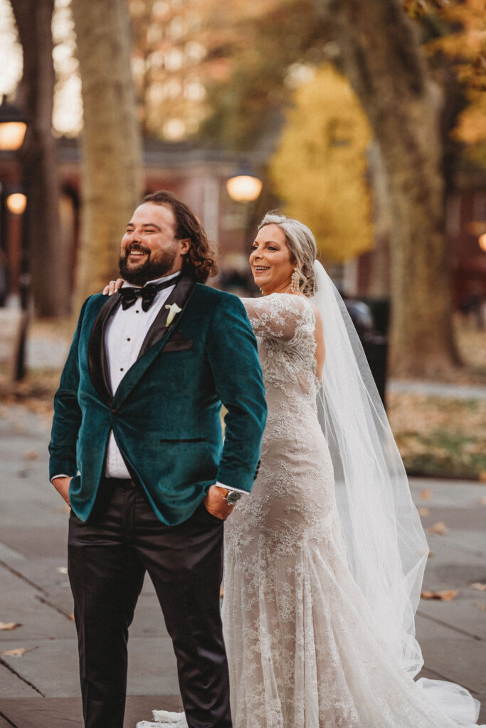 bride and groom first look in downtown Philadelphia