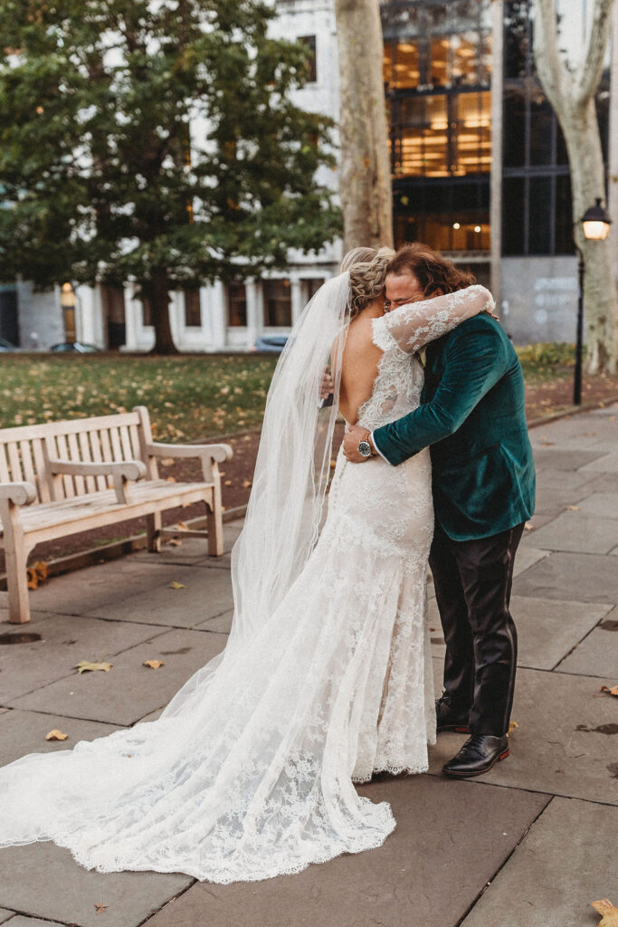 bride and groom first look in downtown Philadelphia