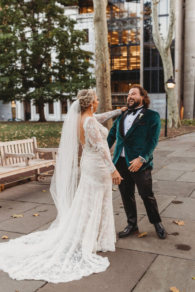 bride and groom first look in downtown Philadelphia