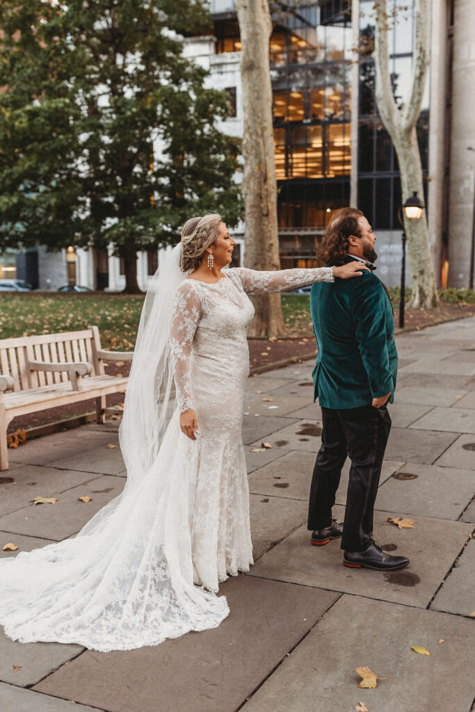 bride and groom first look in downtown Philadelphia