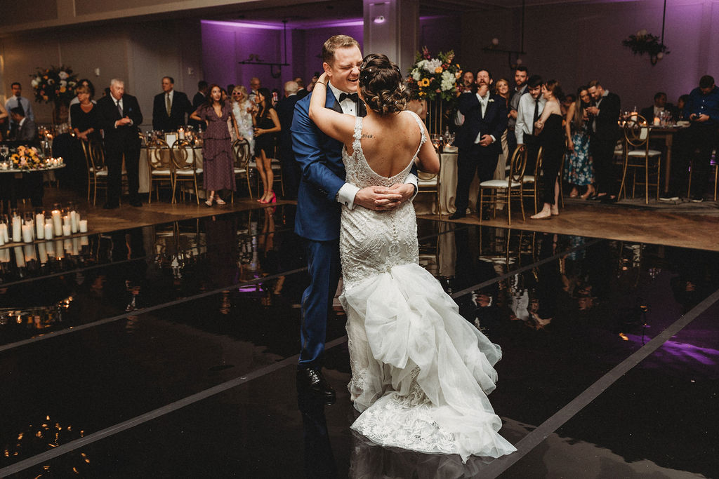 bride and groom first dance during the reception at the lucy by cescaphe, a philadelphia wedding venue