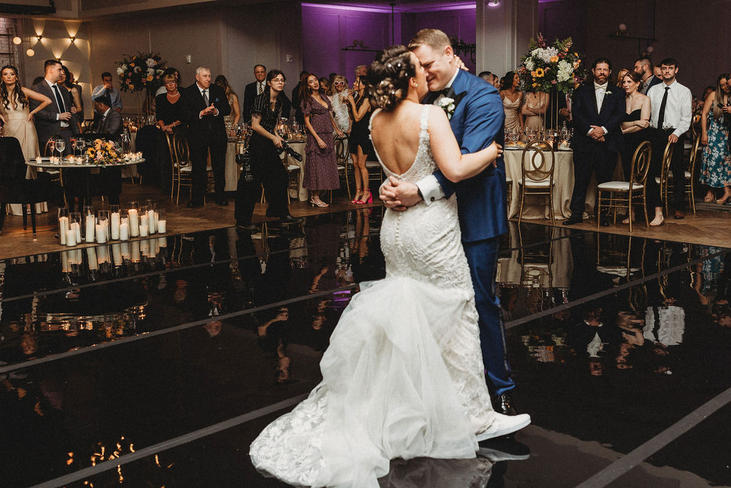 bride and groom first dance during the reception at the lucy by cescaphe, a philadelphia wedding venue