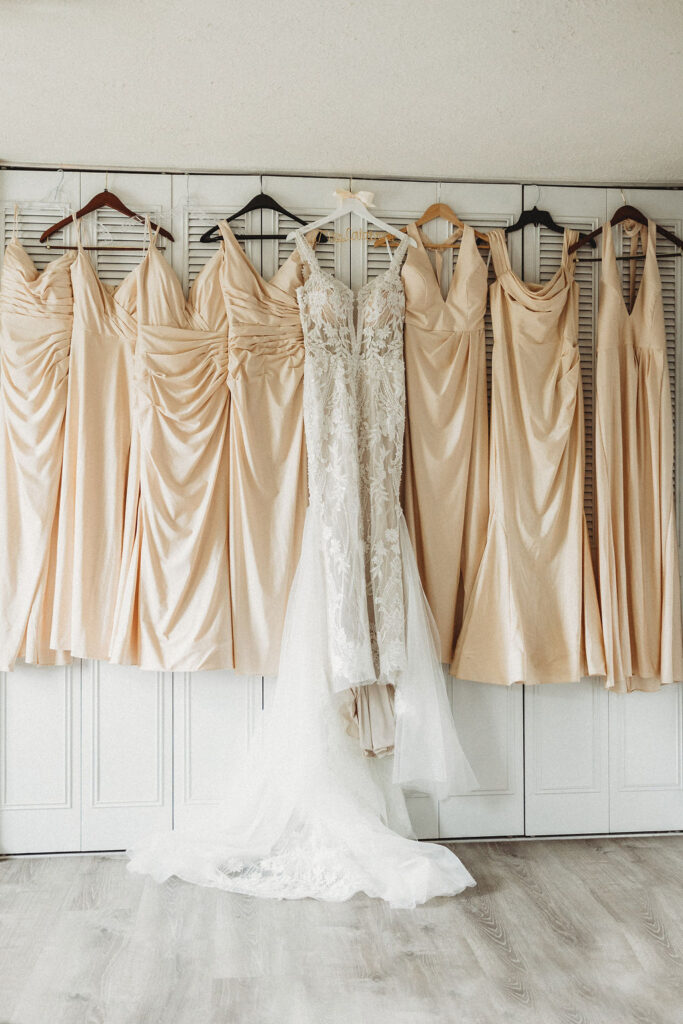 bride and bridesmaids dresses hanging on a wall